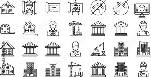 Architecture and construction icon set featuring house building symbols, blueprint plans, engineer characters, crane machinery, and urban real estate graphics.