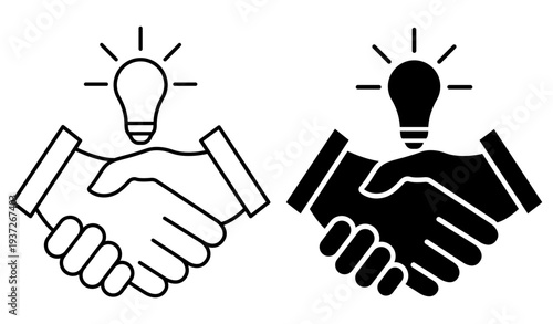 Handshake and light bulb icon set. Creative idea conceptual symbol. Vector illustration isolated on white.