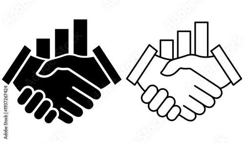Handshake and graph chart icon set. Business deal conceptual symbol. Vector illustration isolated on white.