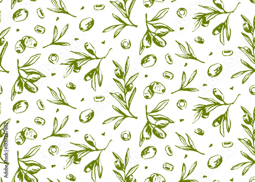 Sketch light olive green seamless pattern. Hand drawn vector olive branches in engraving style. Natural tree texture for food and beauty packaging, textile design, wallpaper and wrapping paper.