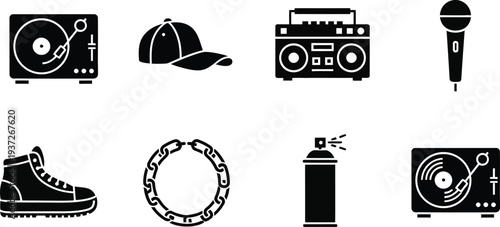 Music and sports flat design vector icon set, black and white scalable illustration for apps and web