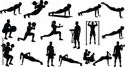 Fitness workout silhouettes collection, men and women performing strength training, push ups and gym exercises isolated on white background