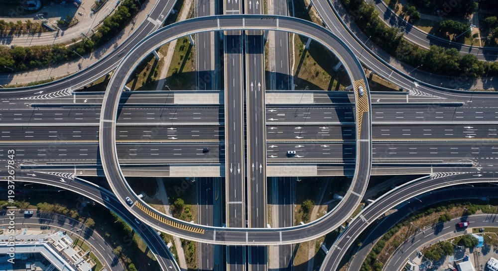 Obraz premium Aerial View of Complex Highway Interchange Showing Transportation Infrastructure