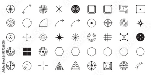 Collection of abstract geometric icons and symbols representing targets, navigation, and precision