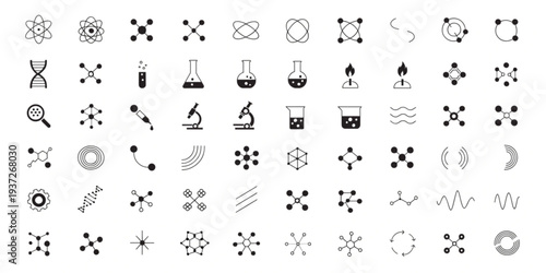 A collection of science and technology icons representing molecular structures, DNA, scientific equipment, and abstract digital concepts for digital design