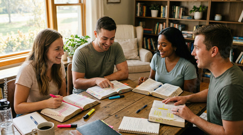 Group of Diverse Young Adults Engaging in a Small Group Study with Highlighted Books created with Generative AI Technology, ai, generative