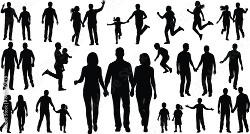 Happy family silhouettes collection, parents and children walking, running, jumping together, loving family moments isolated on white background