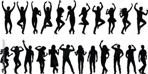 Jumping people silhouettes collection, energetic men and women celebrating, dancing and posing with raised arms isolated on white background
