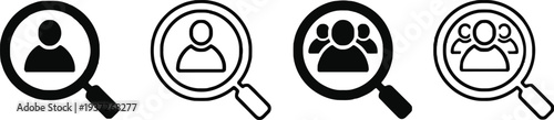 Magnifying glass over user and team vector icon set flat design scalable illustration