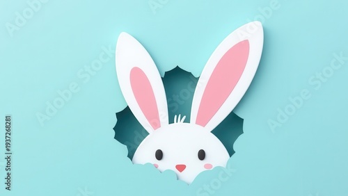 white and pink rabbit ears emerging from cutout hole on pastel blue background playful easter surprise concept of greeting cards, event promotion, seasonal marketing