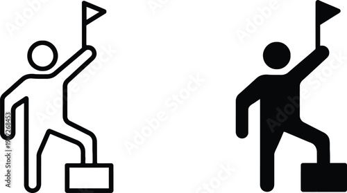 Business success and teamwork achievement flat design vector illustration with climbing figures reaching goals and growth icons