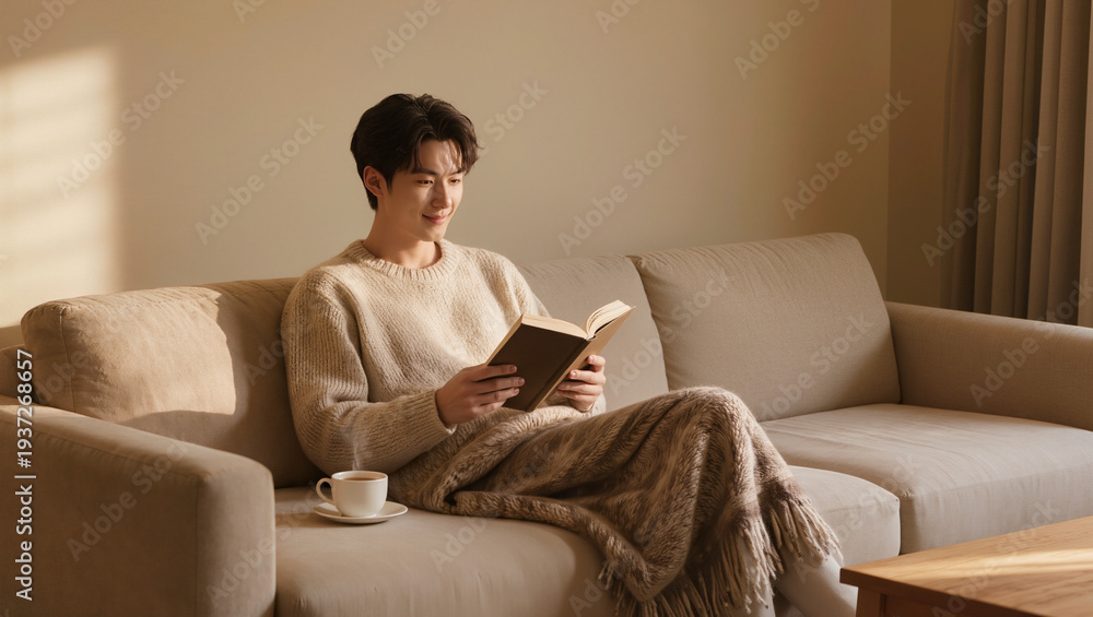 Obraz premium Young Man Reading a Book on a Sofa with Warm Sunlight