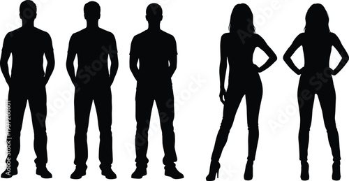 Men and women silhouettes collection, standing male and female figures set, people shadow outlines isolated, full body pose illustration bundle