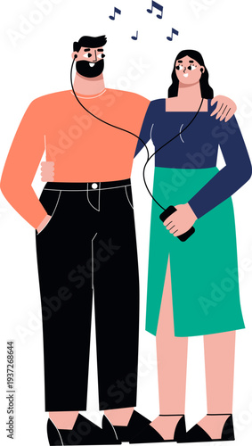 Happy couple listen music song in headphones together