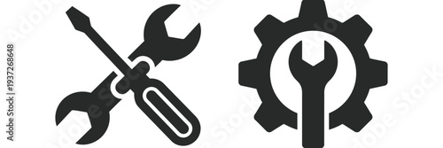 Service Icons Set Featuring Wrench Screwdriver and Gear Symbols Including Screwdriver Wrench Glyph Icons for Settings Repair Maintenance Tools Vector Illustration Collection