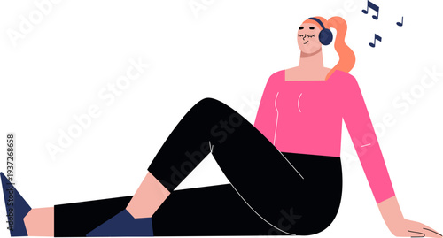 Relaxed woman in earphones. Music listening color concept