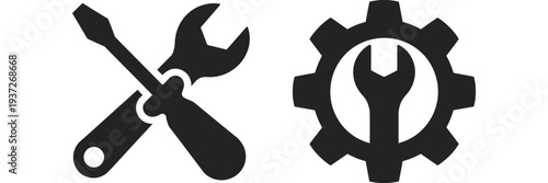 Service Icons Set Featuring Wrench Screwdriver and Gear Symbols Including Screwdriver Wrench Glyph Icons for Settings Repair Maintenance Tools Vector Illustration Collection