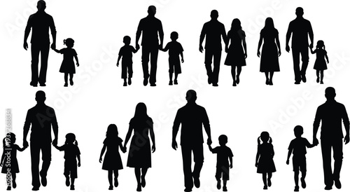 Parents and children walking silhouettes collection, family members holding hands isolated on white background for parenting and family lifestyle concept