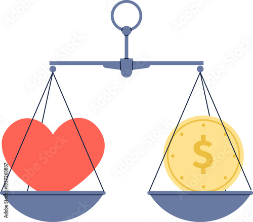 Life work balance icon. Scales with heart and dollar coin