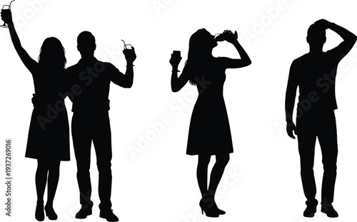 Party people silhouettes collection, men and women drinking cocktails set, celebration shadow figures isolated, nightlife standing pose illustration bundle