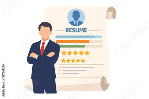 Man in Suit Standing Next to Resume Document.