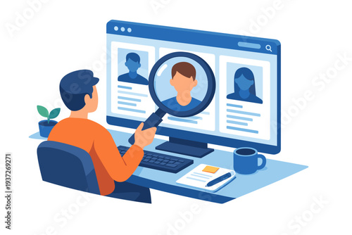 Man reviewing job applications on computer screen.