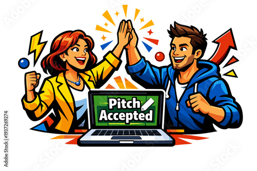 Successful business partners celebrating a pitch accepted deal achievement.
