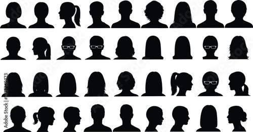 People head silhouettes collection, male and female profile portraits with different hairstyles isolated on white background for avatar design