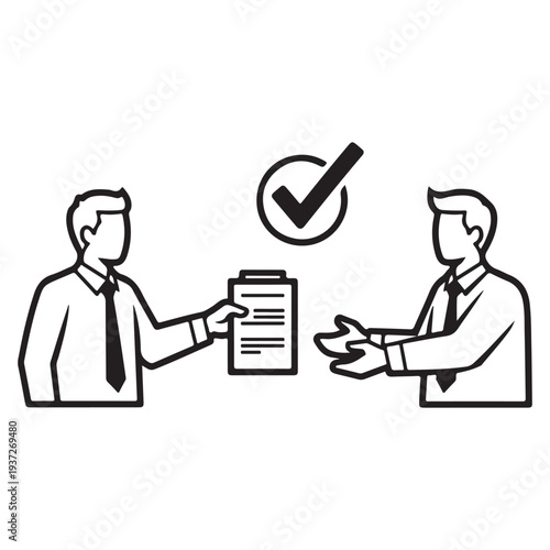 Two professionals exchanging a signed document with a checkmark of approval