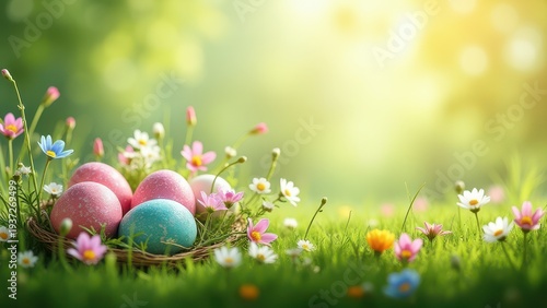easter eggs decorated with flowers nestled in green grass spring festive outdoor scene concept of greeting cards, seasonal marketing, retail promotion