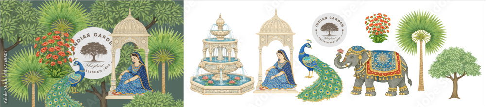 Fototapeta premium Elegant Indian Mughal garden illustration set featuring peacock, elephant, royal pavilion, fountain, trees and traditional woman. Decorative oriental elements for invitation, background, poster