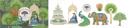Elegant Indian Mughal garden illustration set featuring peacock, elephant, royal pavilion, fountain, trees and traditional woman. Decorative oriental elements  for invitation, background, poster