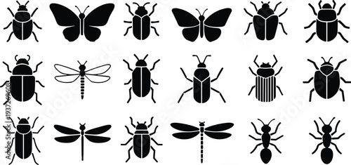 Insects Bugs Beetles Butterfly Dragonfly Ant Icon for Nature Wildlife Pest Control Environment Biology Study Vector Graphic Illustration Silhouette
