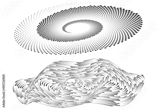 Abstract particle wave surface and radial vortex dots geometric data visualization elements