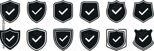Shield check mark icons collection, security protection badges, verified shield symbols, safety approval vector set