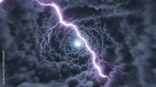 A dramatic swirling tunnel of dark storm clouds with bright light and lightning strikes.