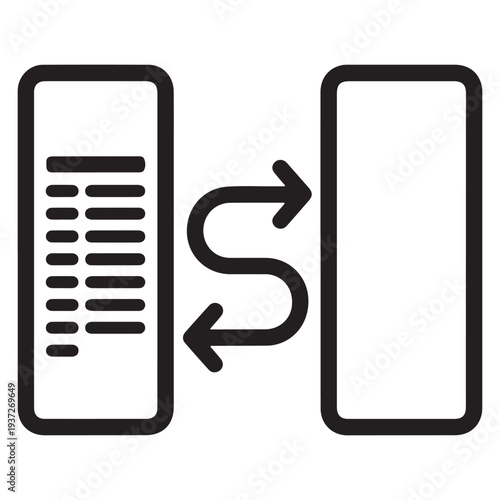 Syncing data between two mobile devices represented by arrows and documents.