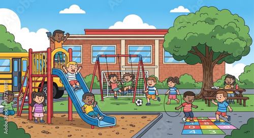 Children Playing on Playground Equipment in Park.