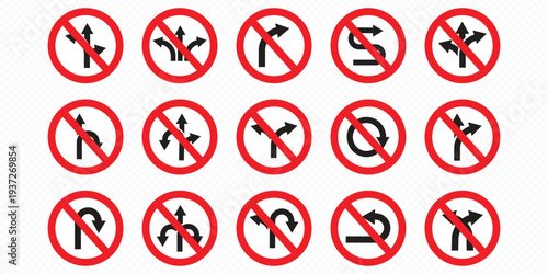 move and turn right left prohibited road sign collection  no forward and left turn allowed  move direction forbidden  red crossed circle vector pictogram