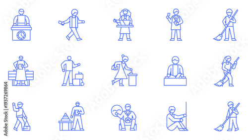 Figures engaged in various activities such as working with equipment, moving goods, and sweeping on a transparent background vector illustration.
