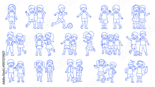 School children linear set featuring blue outline drawings of primary students playing soccer, studying, and talking together for educational design vector illustration.