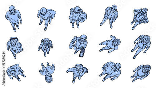 Overhead view character illustrations set featuring people walking in winter jackets and carrying bags for architectural visualization and urban design vector illustration.