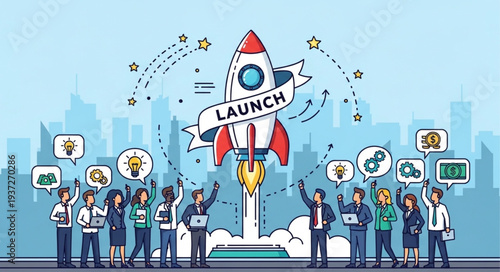 Group of Businesspeople Launching Rocket in Celebration.