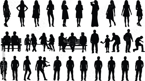 People silhouettes collection, men women and children standing, sitting and interacting poses for lifestyle, social and everyday life concepts isolated on white background
