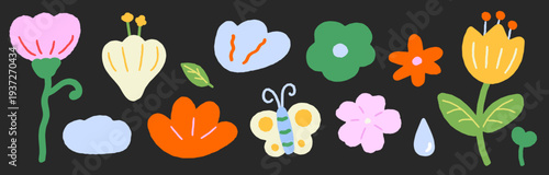 Spring Flowers and Leaves Vector Illustration Set