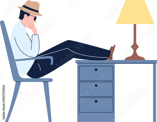 Thinking man in retro hat. Detective investigate crime