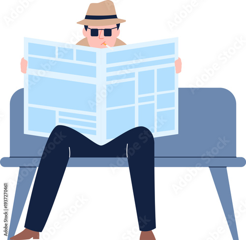 Spy surveillance concept. Man read newspaper on bench