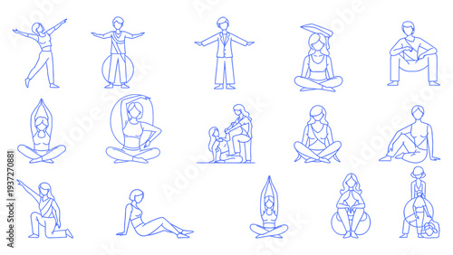 Yoga poses collection in blue outline on transparent background, a set of spiritual and relaxing exercises for mental and physical well-being, vector illustration.