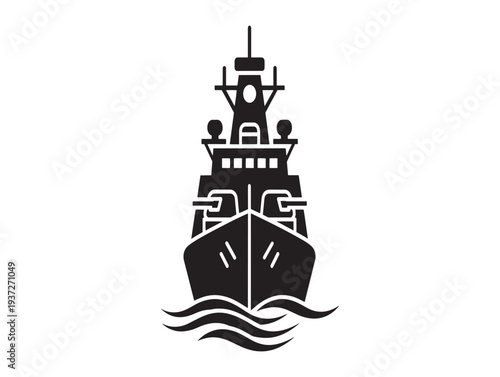 A black and white illustration of a ship with a pointed bow and a tall superstructure