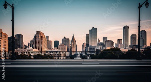 A city skyline at sunset with a road in the foreground and tall buildings in the background.